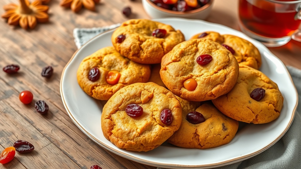 A plate of pumpkin cookies with dried fruit on a wooden table, accompanied by a cup of tea.